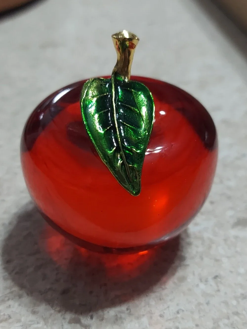 Red Glass Apple Decorative Accent with Green Leaf - Unbranded